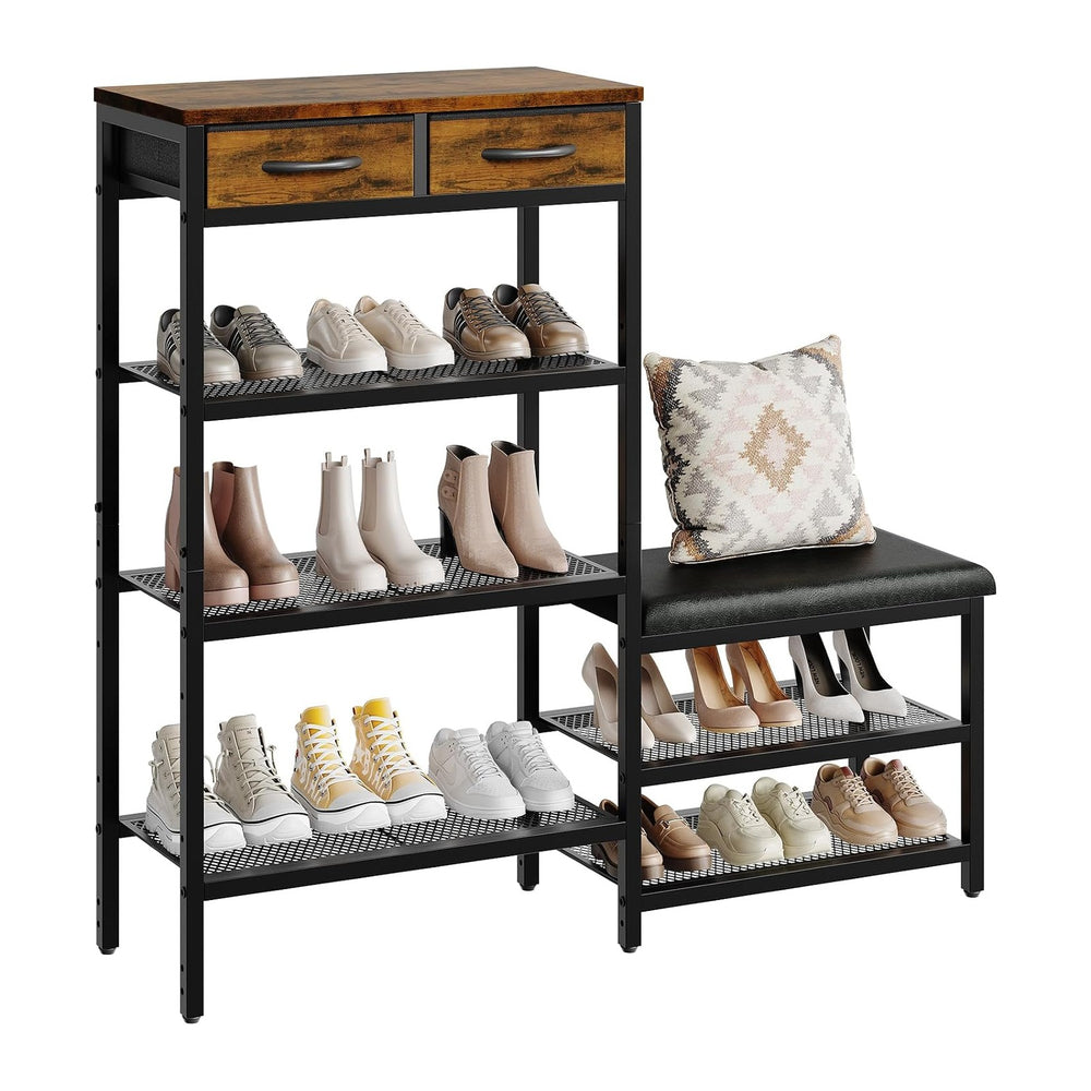HavenlyYouth Shoe Rack Bench Cushioned with 2 Drawers & 5-Tier Entryway O...