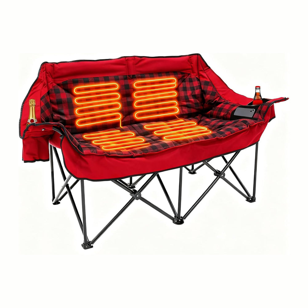 Heated Double Camping Chair, Padded Camping Couch with 3 Heat Levels and 4 He...