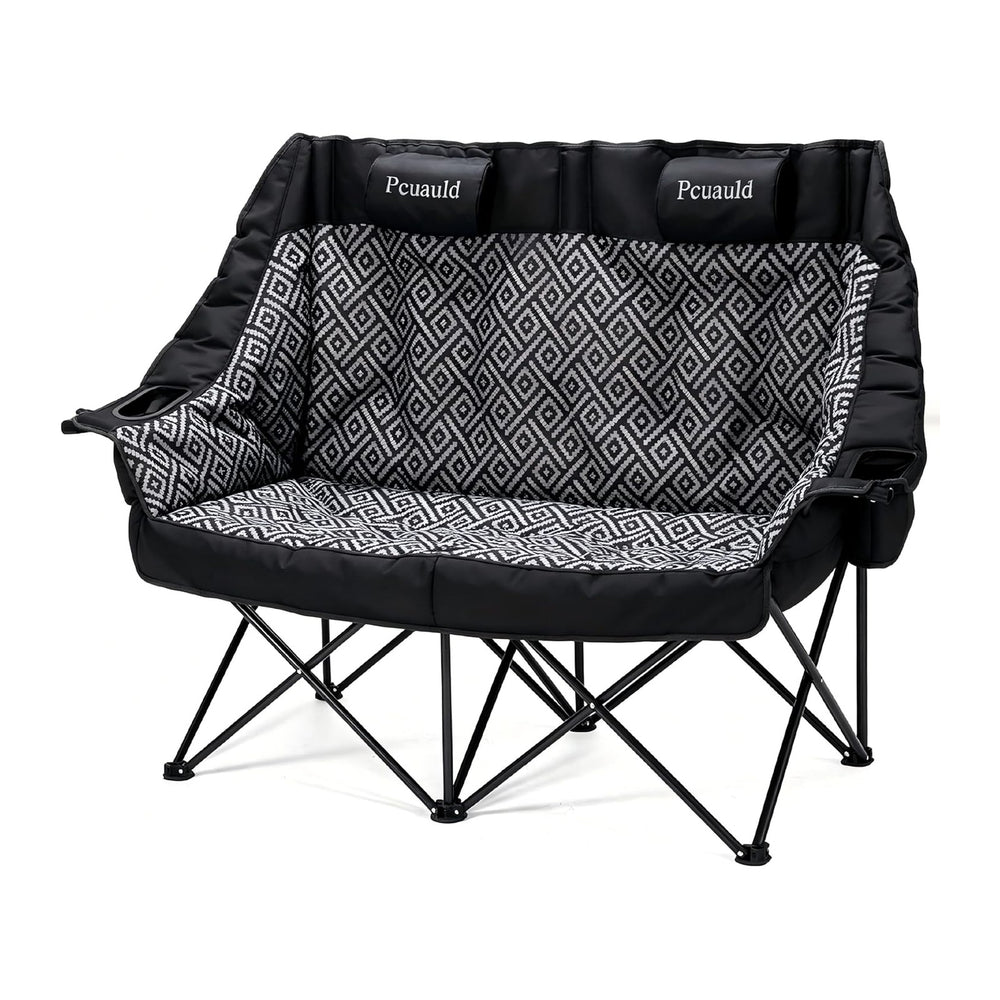 High Back Double Camping Chair Padded Folding Loveseat with Adjustable Pillow...