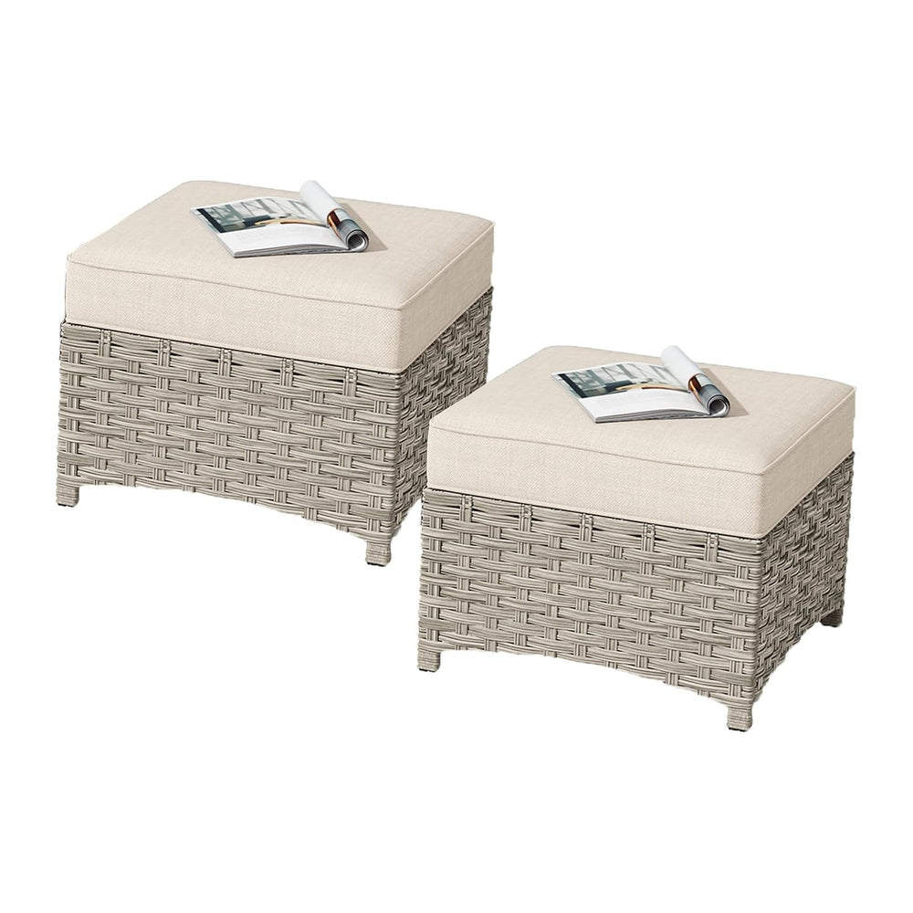 HOOOWOOO 2 Piece Patio Ottoman Set,Outdoor Wicker Ottomans,All Weather Resist...