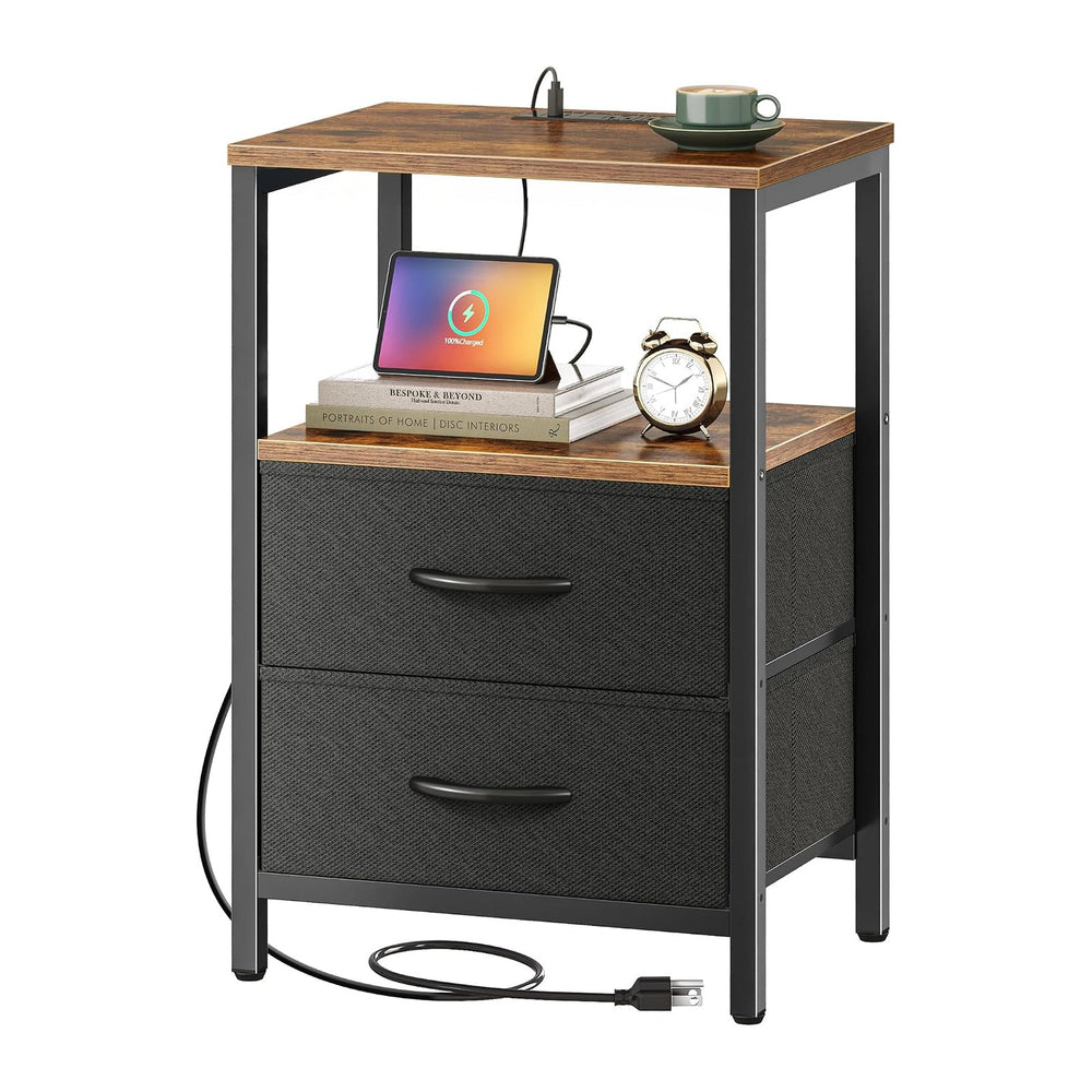 Huuger Nightstand with Charging Station, Side Table with Fabric Drawers, End ...