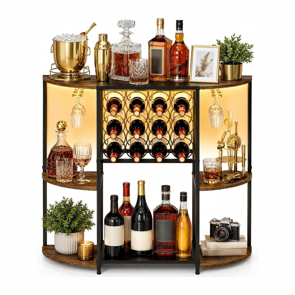 JKsmart Wine Bar Cart with LED Lights, Mini Wine Rack with Storage and Glass ...