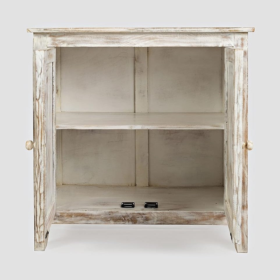 Jofran Global Archive Hand Carved Accent Chest Cabinet, 32', Weathered White