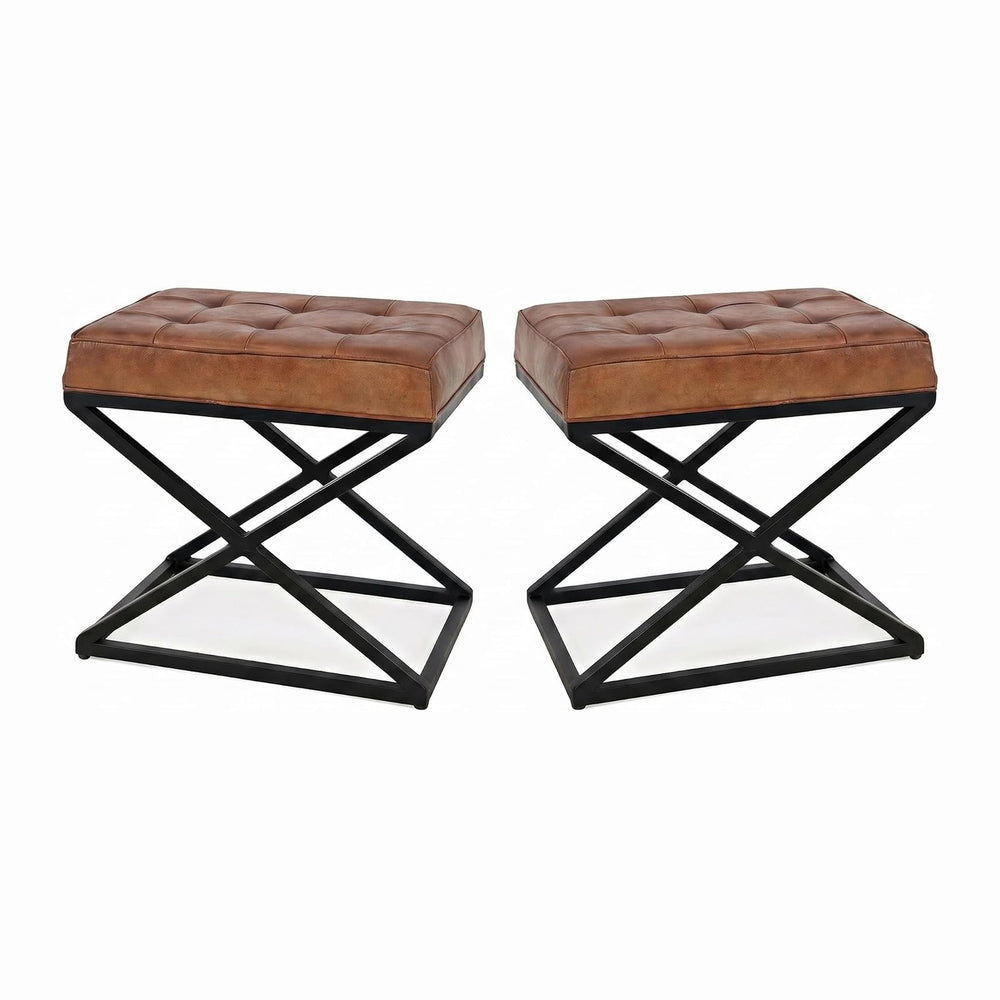 Jofran Global Archive Mid-Century Modern Genuine Leather Ottoman Pre-Assemble...