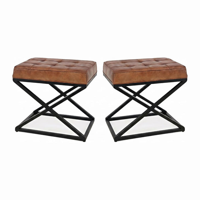 Jofran Global Archive Mid-Century Modern Genuine Leather Ottoman Pre-Assembled, 20''W x 14''D x 18.5''H, Saddle Brown,Set of 2