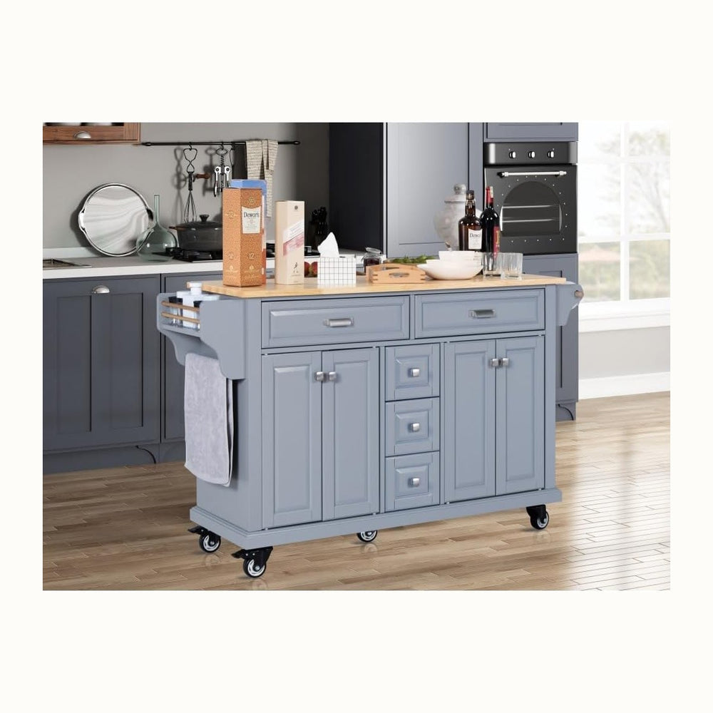Kitchen Island with Rubberwood Top, 5 Drawers, Cabinet and Wheels, Grey | Rol...