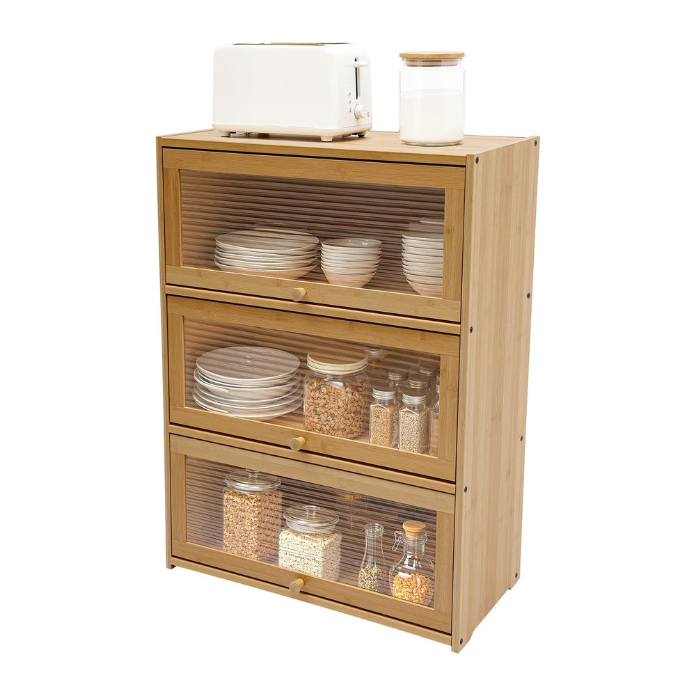 Kitchen Pantry Sideboard Small Bamboo Cabinet with 3 Clear Acrylic Doors Free...