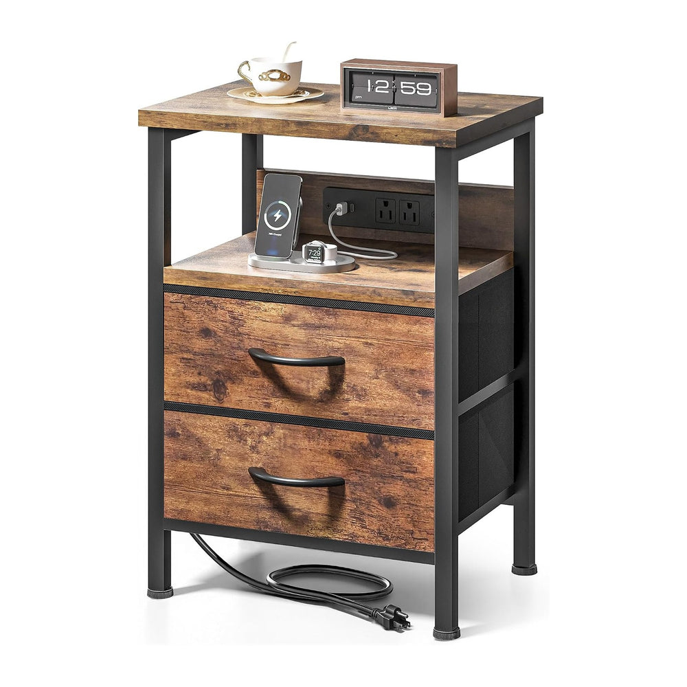 Lazzanto Night Stand with Charger Station for Bedroom, Brown Nightstand | Bed...