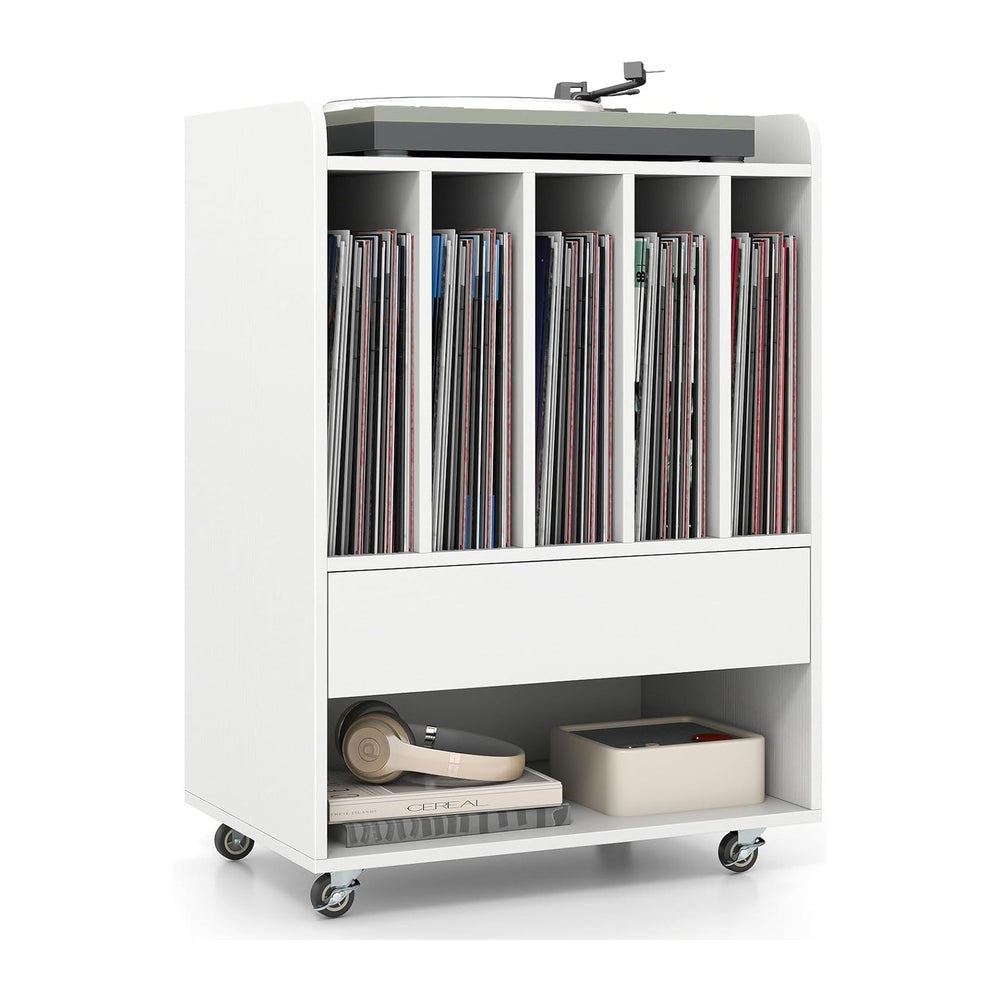 LOKO Record Player Stand On Wheels, Rolling Turntable Stand with 5 Compartmen...