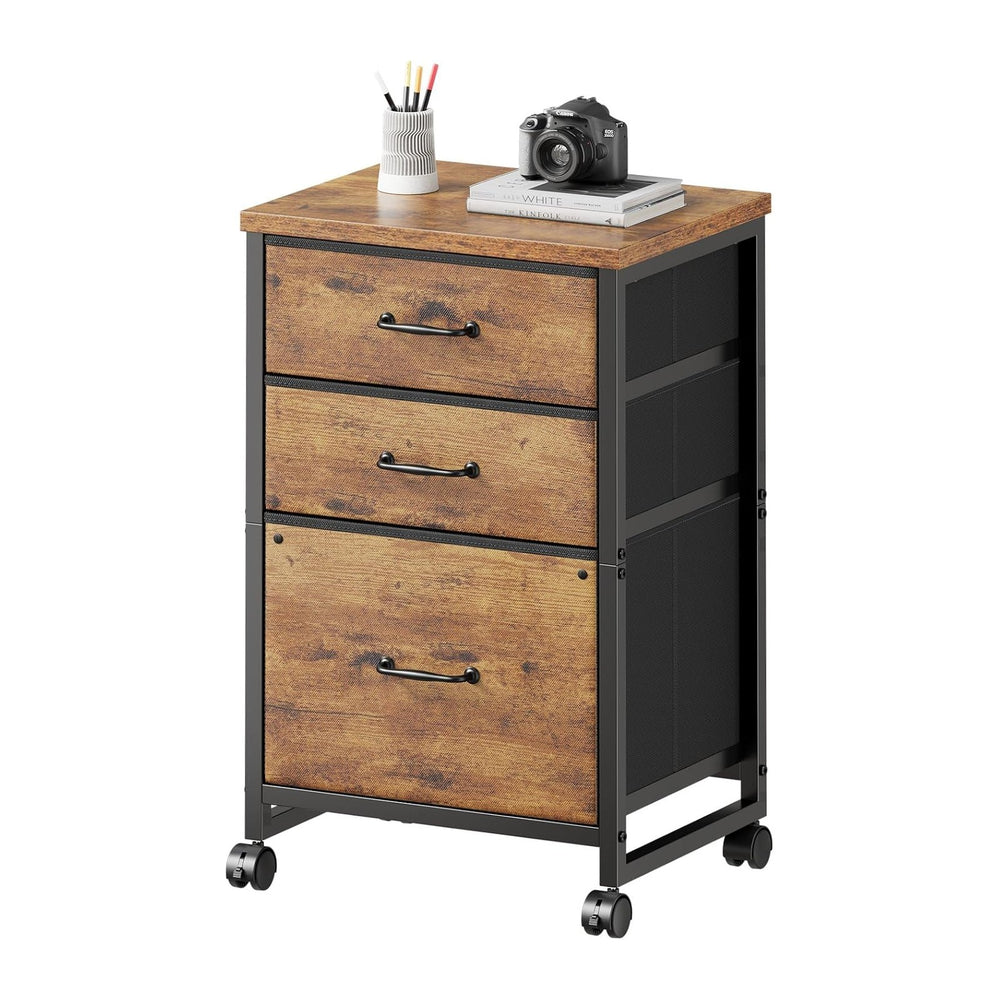 Maihail 3 Drawer File Cabinet with Wheels with Open Storage Shelf, Rustic Brown2