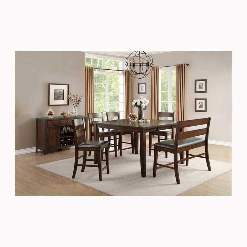 MAKLAINE Wood Counter Height Dining Bench with Back, Cherry Finish, Mango Ven...