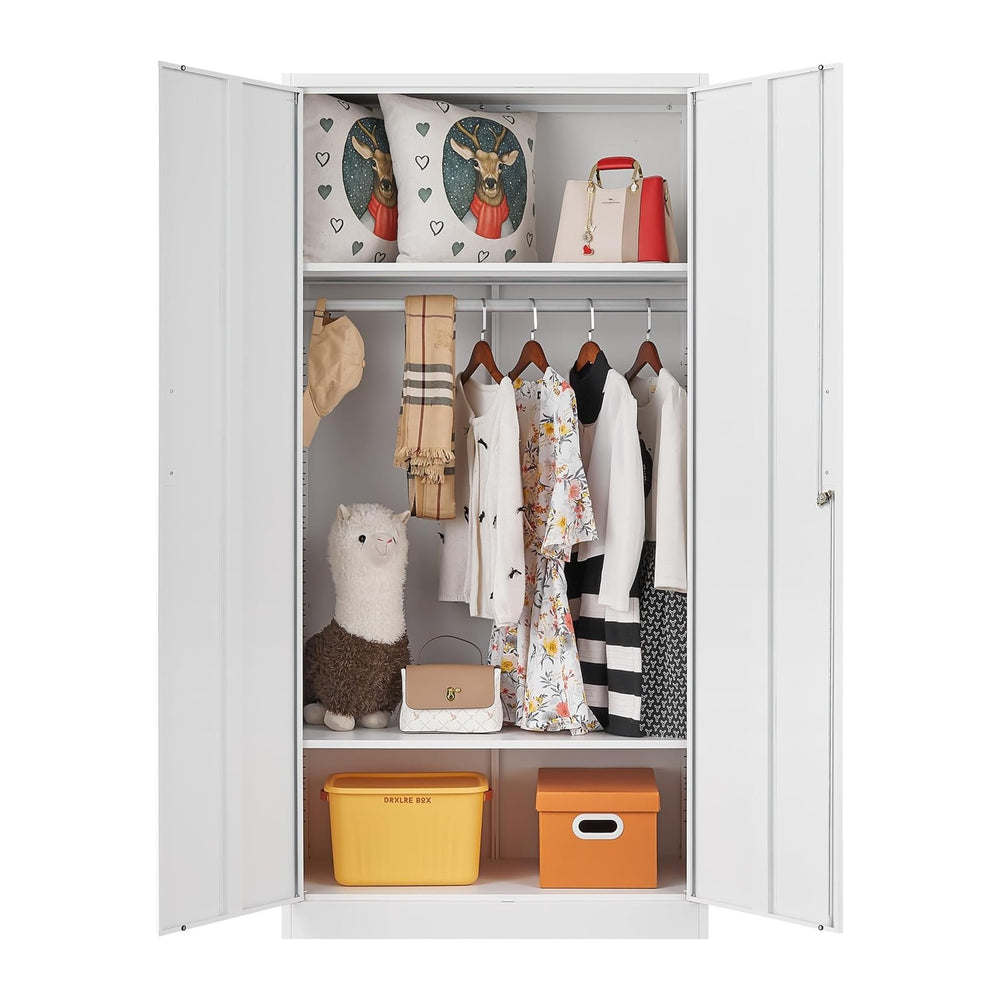 Metal Wardrobe Cabinet with Hanging Rod & Lock,White Armoire Wardrobe Clo...