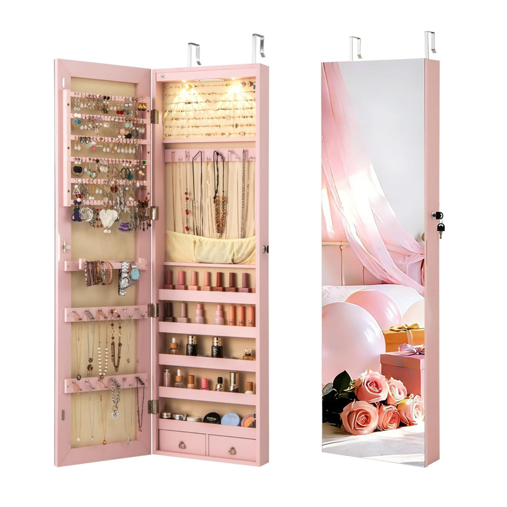 NAFORT 2 LEDs Jewelry Armoire with Full Length Mirror, Lockable Hanging Jewel...
