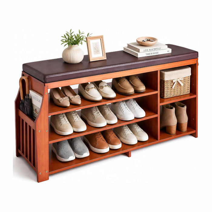 OAKHAM 50" Bamboo Shoe Storage Bench with Comfortable Padded Faux Leather Seat and 550 lbs Capacity, 3-Level Adjustable Shelf, Side Storage Slot and 3 Hooks for Entryway Hallway Mudroom, Brown