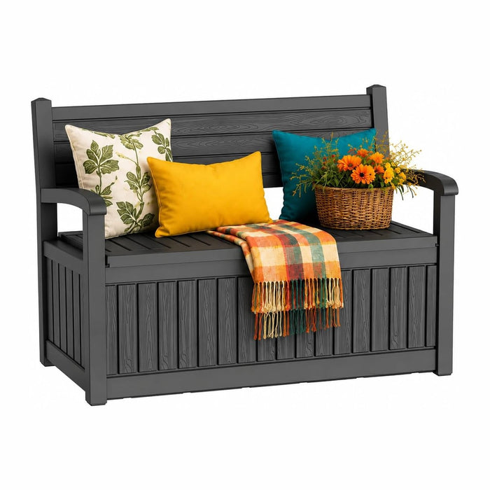 Outdoor Bench with Storage, Waterproof Garden Storage Bench, 100 Gallon Lockable Resin Deck Box, Weatherproof Bench Seating for Patio Yard Cushions Tools, Black