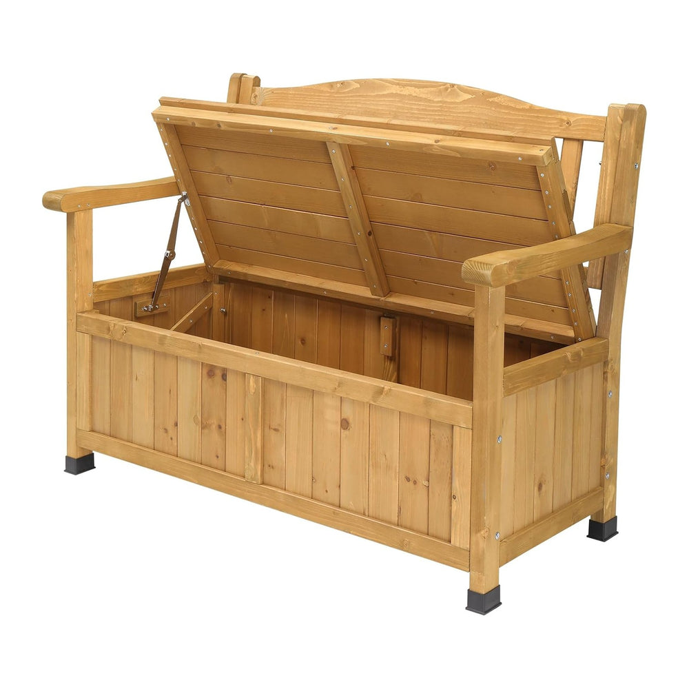 Outdoor Wooden Storage Bench, Large Deck Box with Seating & Armrest, Pati...