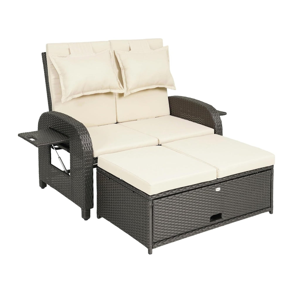 Outsunny Patio Rattan Daybed, Wicker Outdoor Daybed with Storage Ottoman, Lov...