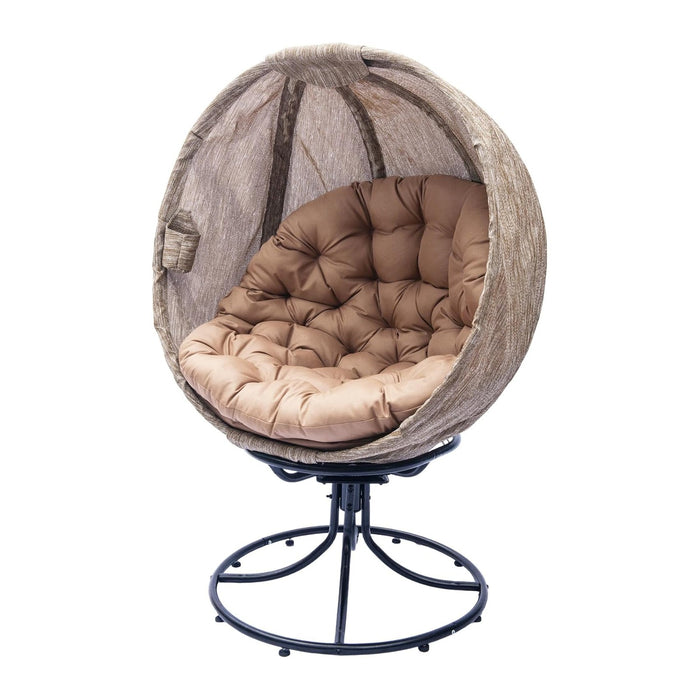 Oversized 360 Swivel Egg Chair - Foldable Rattan Seat w/Cushions, Outdoor Indoor Lounge Chair for Patio, Pool, Balcony & Living Room (Small Leaf Jacquard Khaki-2)
