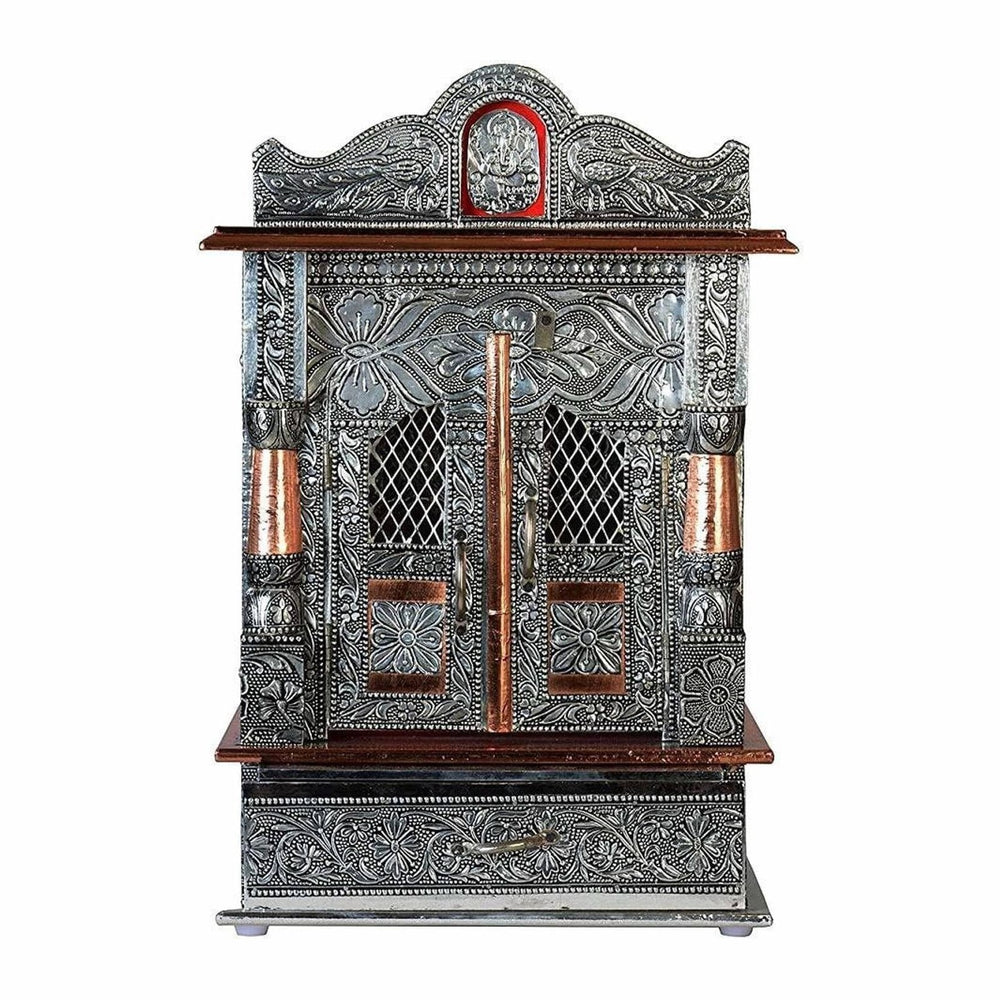 Oxidized Metal Pooja Mandir with Doors and Drawer, Silver, Ganesha Embossed, ...