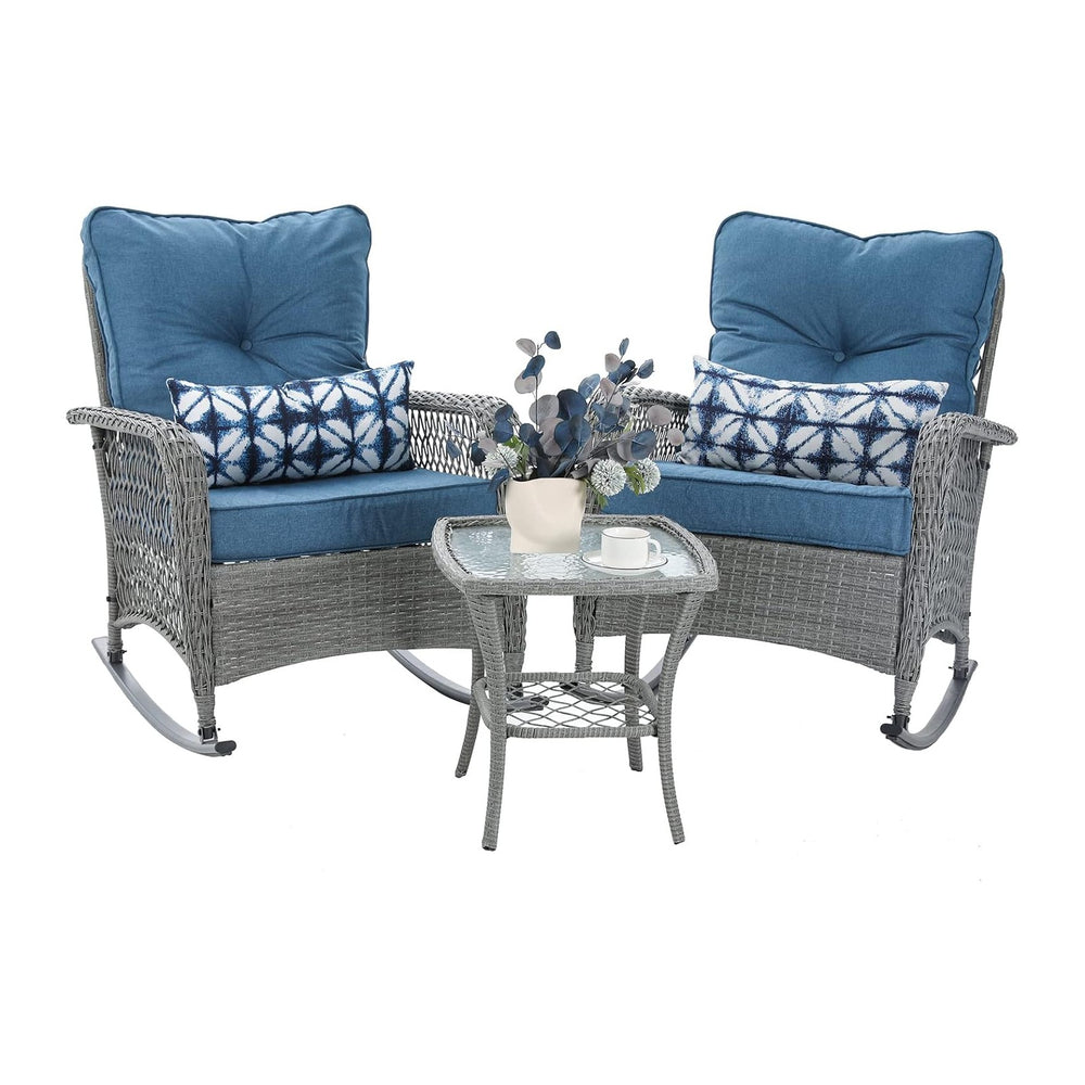 Patio Furniture Set 3 Pieces, Wicker Outdoor Rocking Bistro Set, Blue | VONZO...