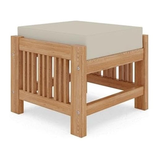 Pemberly Row Modern Teak Outdoor Ottoman, 18 x 18 x 12 in, Canvas Cushions, Beige, Premium Teak Slats, Hand-Sanded Finish, Weather-Resistant Patio Furniture for Small Outdoor Spaces