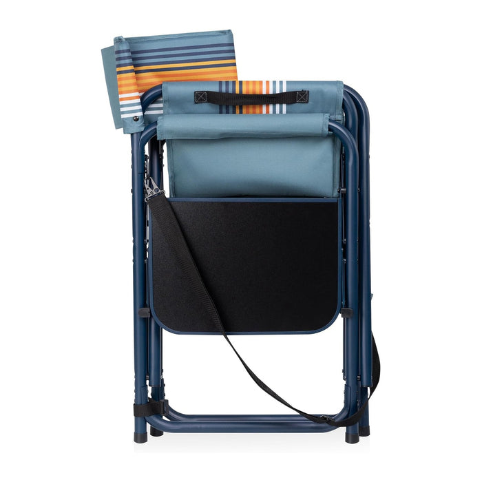 Picnic TIME Sports Chair with Side Table and Armrest Caddy, Lightweight Aluminum Folding Outdoor Camping Chair for Adults, Portable Director Style Lawn Seating, (Marine Stripe with Navy Blue Frame)