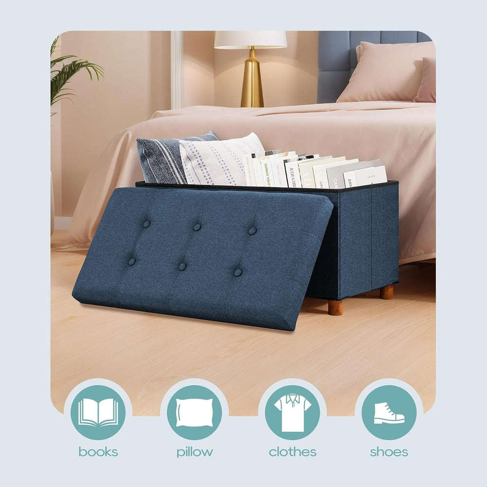 PINPLUS Storage Ottoman Cube, White Linen Footrest with Wooden Legs, Foldable...