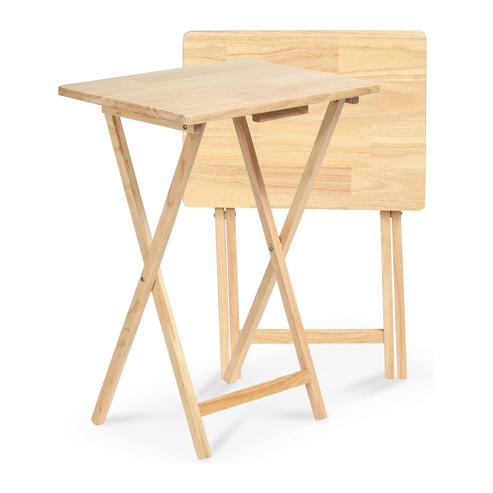 PJ Wood Folding TV Tray Tables, Natural Finish, 2-Piece Set | Solid Wood, 14....