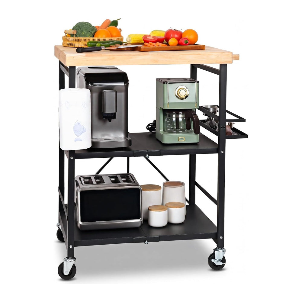 PLKOW Foldable Kitchen Cart with Solild Oak Wood Top, Rolling Kitchen Island ...