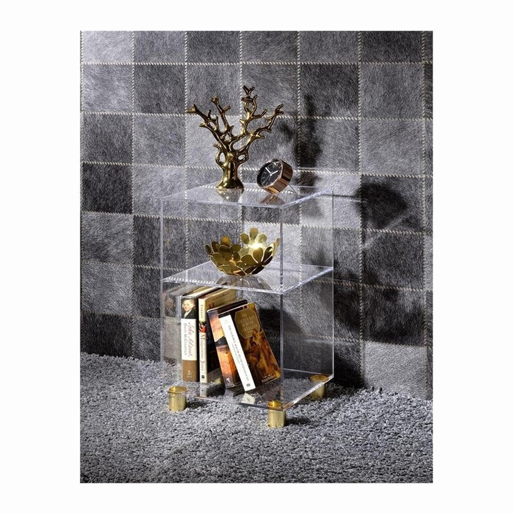 Pure Decor Lucite and Acrylic End Table w/ 4 Gold Legs in Clear
