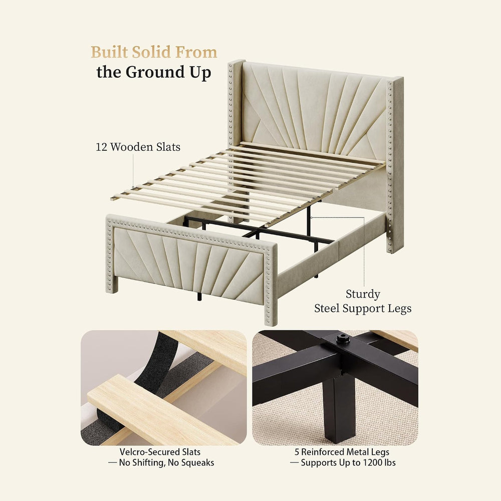Queen Bed Frame 55" Velvet Upholstered Platform Bed, Art Deco, Cream White