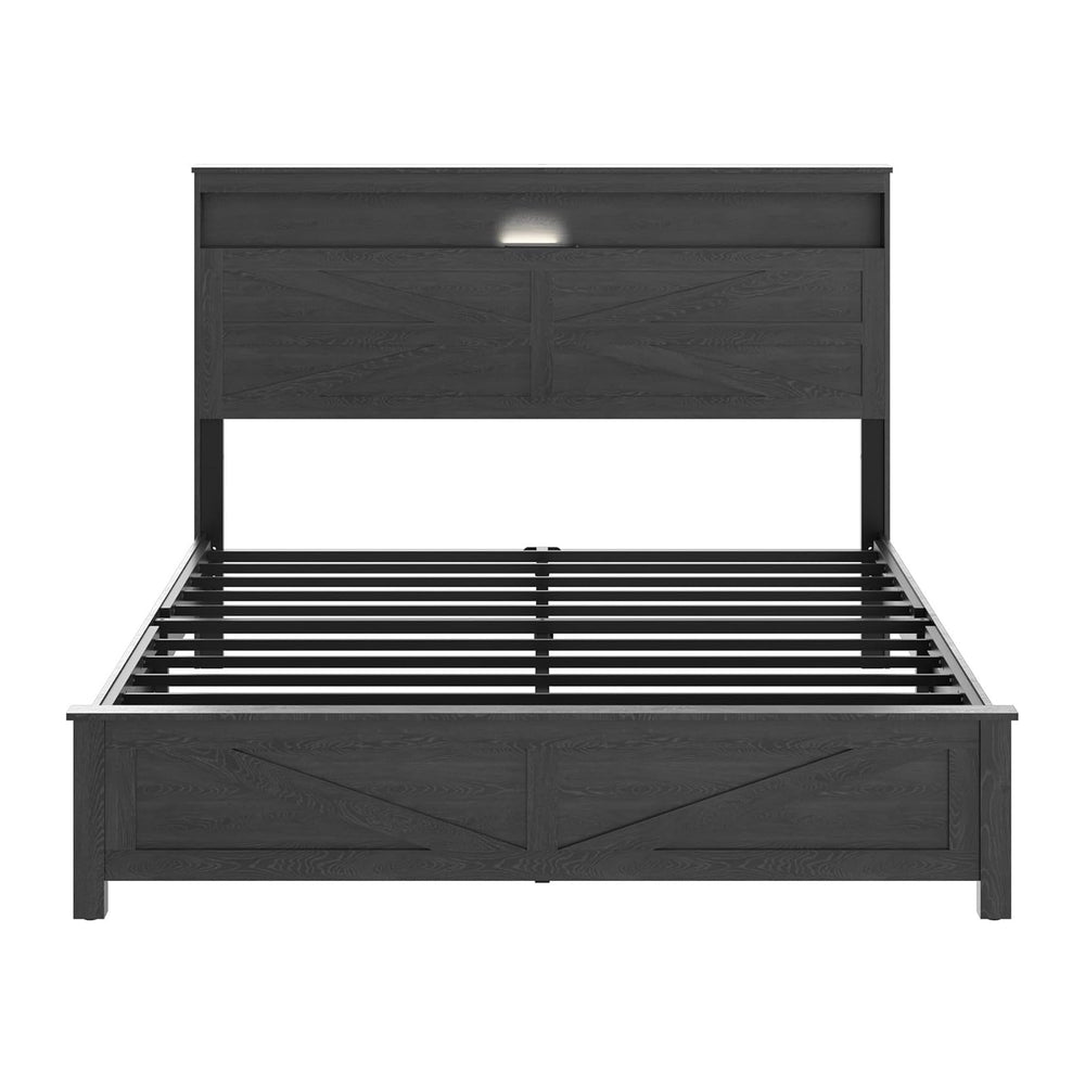 Queen Size Farmhouse Wooden Bed Frame with Storage Headboard