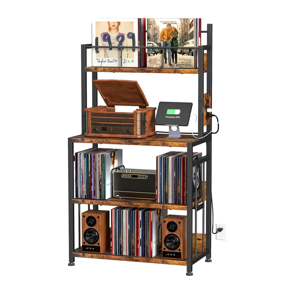 Record Player Stand with Power Outlets,Vinyl Display and Storage shelf | 4-Ti...