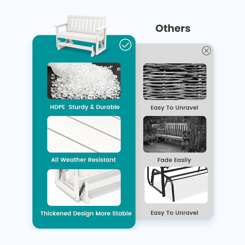 SERWALL 2 Person Patio Glider Bench, HDPE All Weather Swinging Bench, White