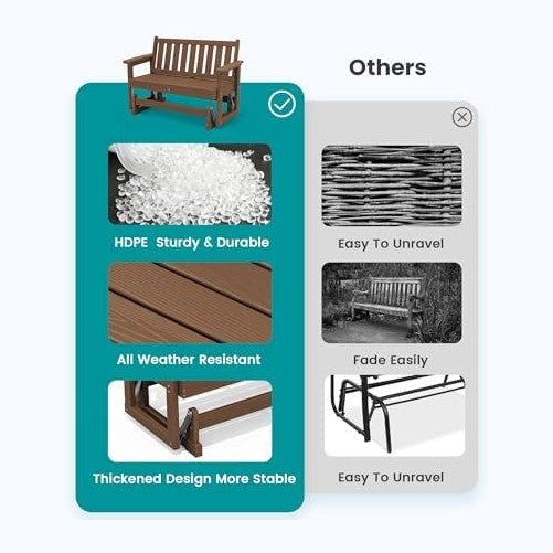 SERWALL 2 Person Patio Glider Bench, HDPE All Weather Swinging Bench, Brown
