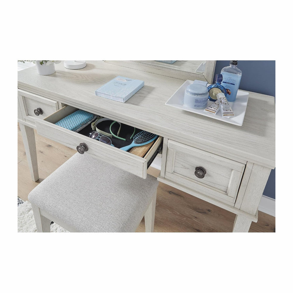 Signature Design by Ashley White Vanity Desk with Mirror and Bench | Makeup v...