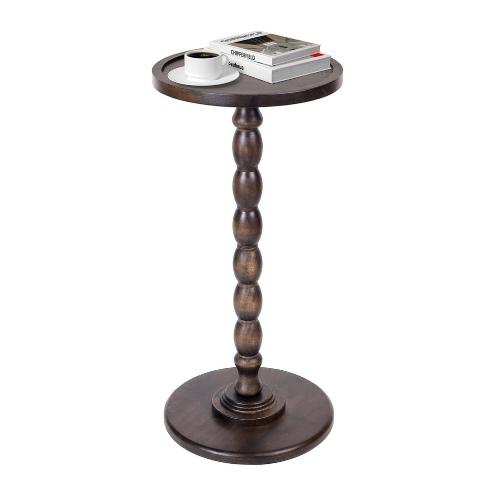Solid Wood Round Pedestal Side Table with Tray-Top Rim – Bobbin Turned Accent...