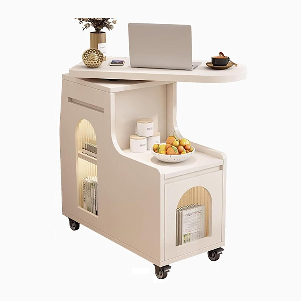 Space-Saving Swivel Trays Timber End Side Table with Storage Cabinet for Livi...