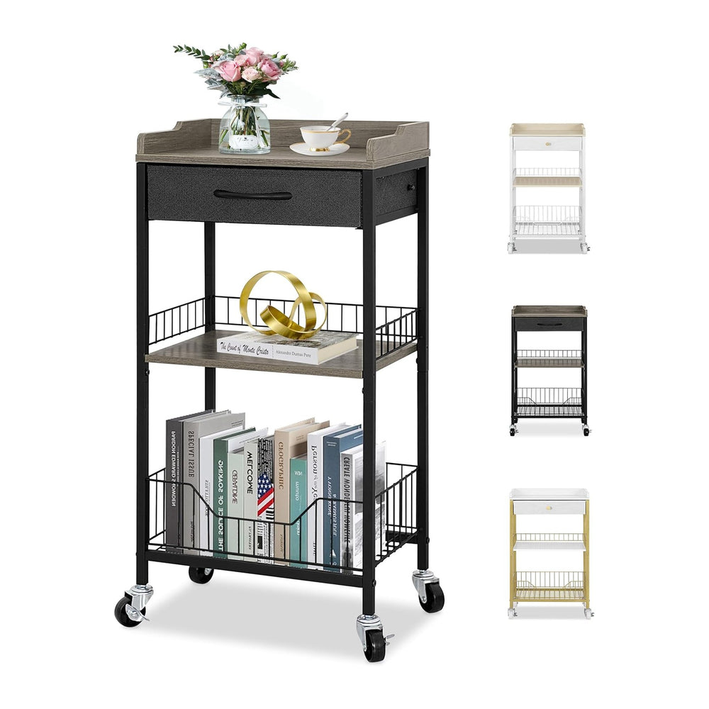 Tall Side Table with Drawer and Shelves, Narrow End Table with Optional Wheel...