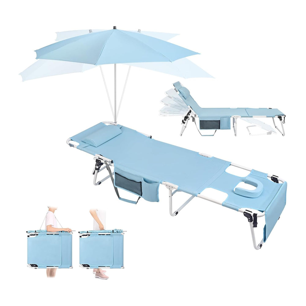 Tanning Chair with Umbrella UPF 50+ Adjustable, Heavy Duty Folding Chaise Lou...