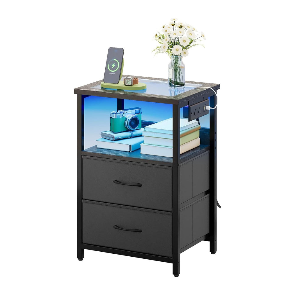TOMNK End Table with Charging Station, Nightstand with Fabric Drawers, LED Li...