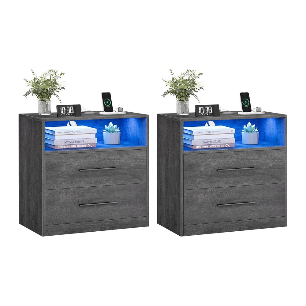 VASAGLE 23.6‑Inch Wide Nightstands, Set of 2, LED Lights, 2 Drawers