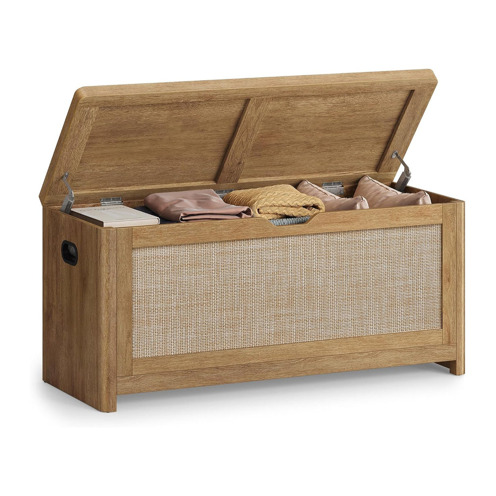VASAGLE Boho Storage Bench with Rattan Look, Rounded Corners | Blanket Chest ...