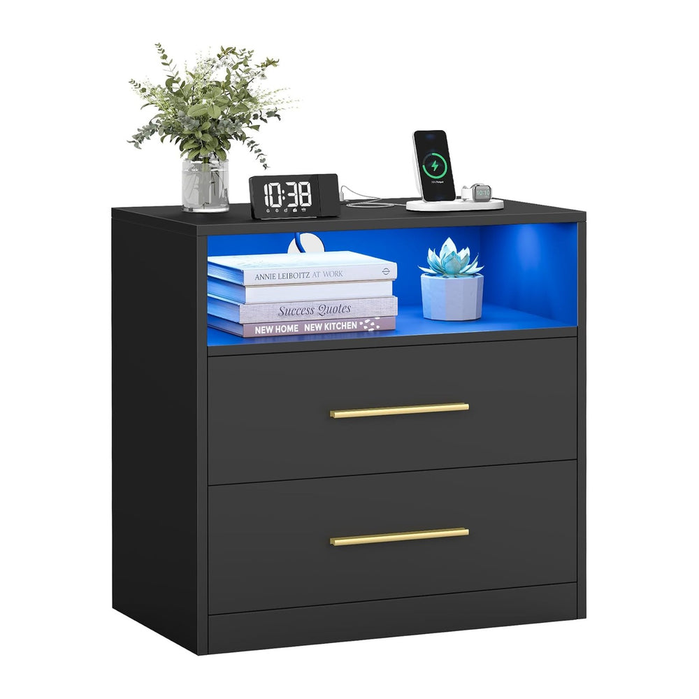 VASAGLE CUSTOS Collection Nightstand with Charging Station, 23.6 Inch | LED L...