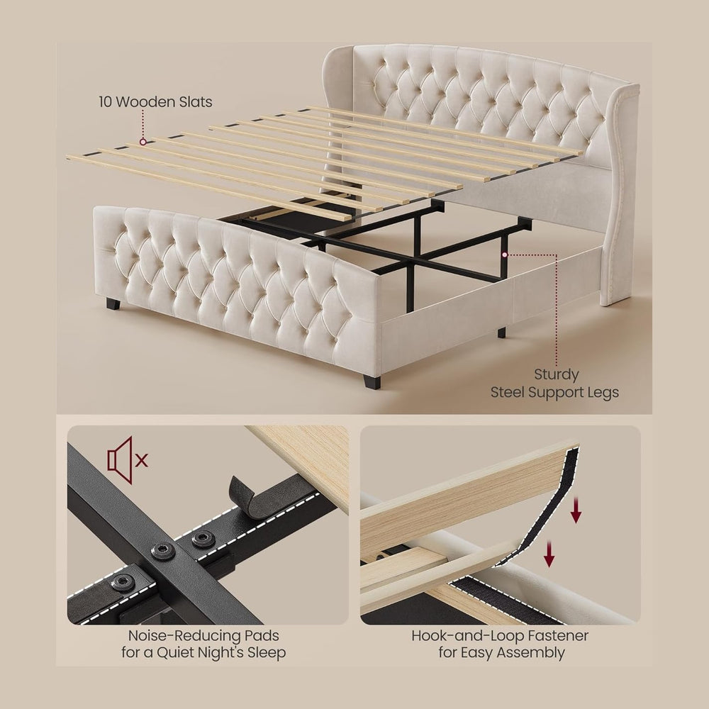 VASAGLE King Platform Bed Frame, Upholstered, Wooden Slats
