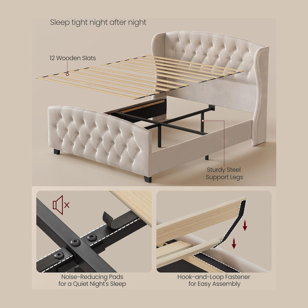 VASAGLE Queen Platform Bed Frame, Upholstered, Wooden Slats