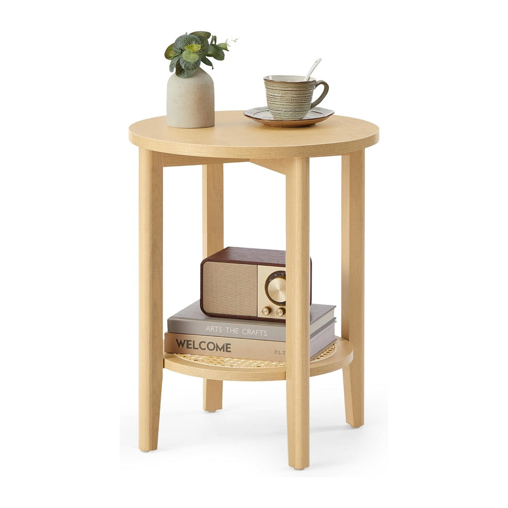 VASAGLE Round Side End Table, 2-Tier Boho Bedside Table with Rattan-Look Stor...