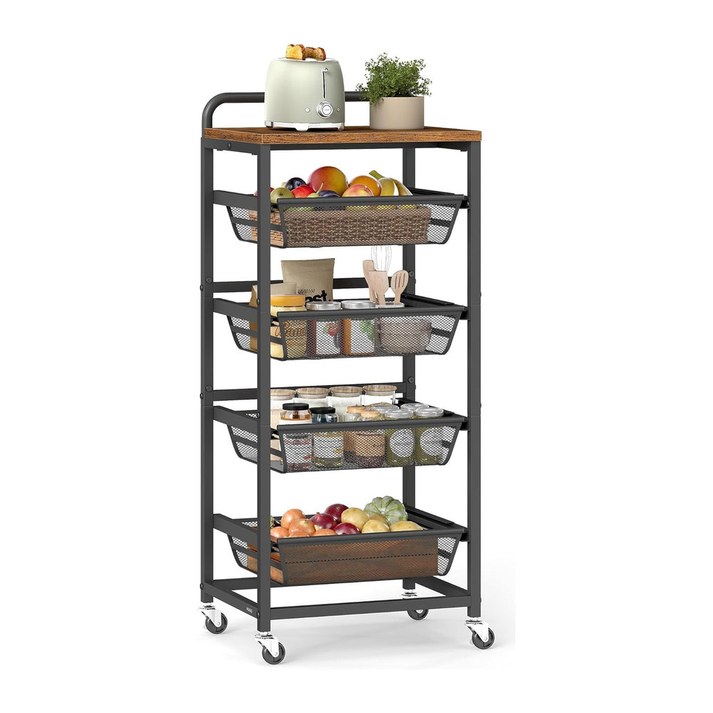 VASAGLE Storage Rolling Cart with Pull-Out Baskets, 5-Tier Utility Cart Orgni...