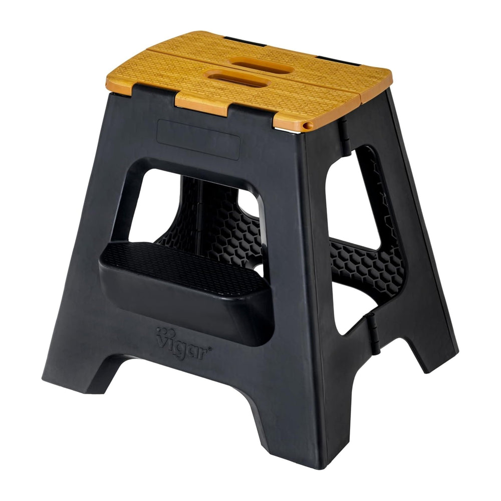 Vigar Compact Folding Step Stool, 16 in 2 Step, Black Bamboo Print | 16 in Fo...