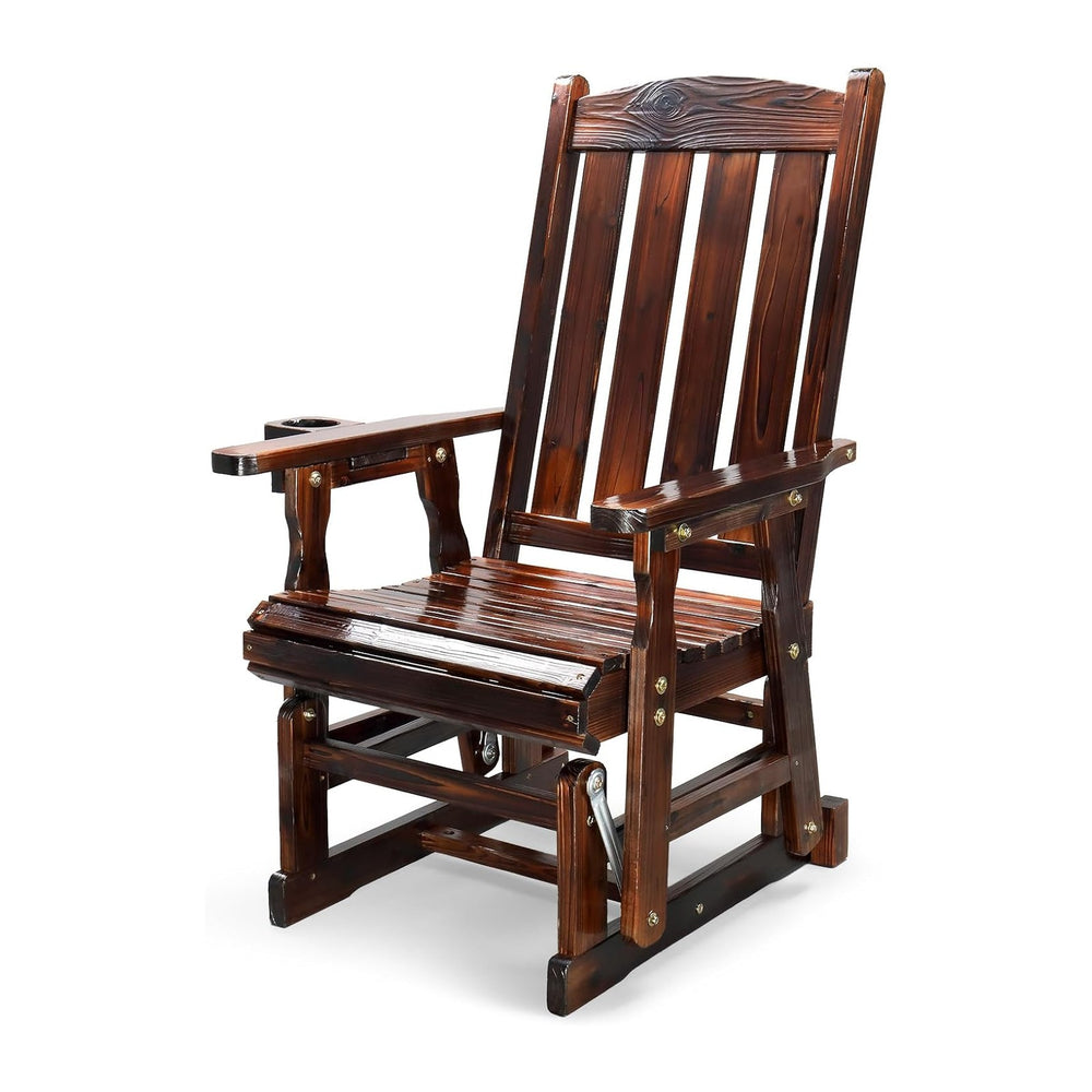 VINGLI Outdoor Glider Chair Wood Patio Glider with Cup Holder, Porch Glider w...